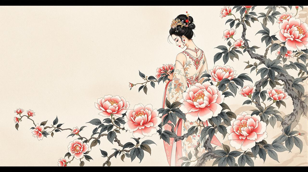 古代仕女图中的芍药花